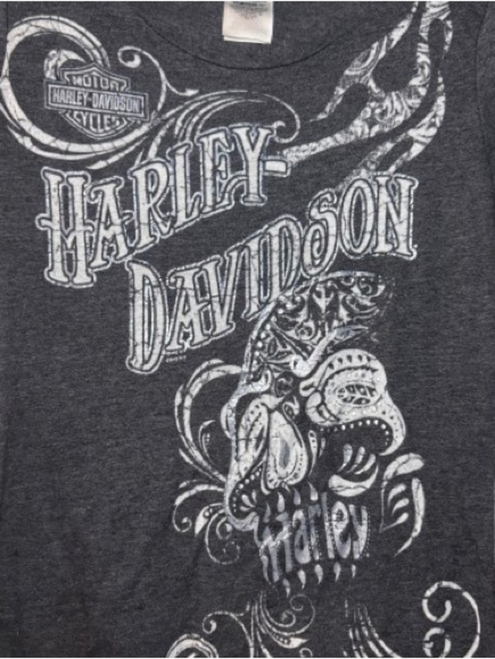 Vintage Harley-Davidson Embellished Skull Graphic T-Shirt- Cutout Back Detail - Picture 3 of 10